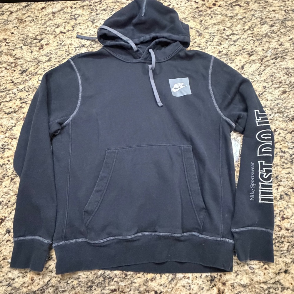 Nike Sportswear Just Do It Hoodie Mens Small Black Grey Stitch Pullover Graphic
